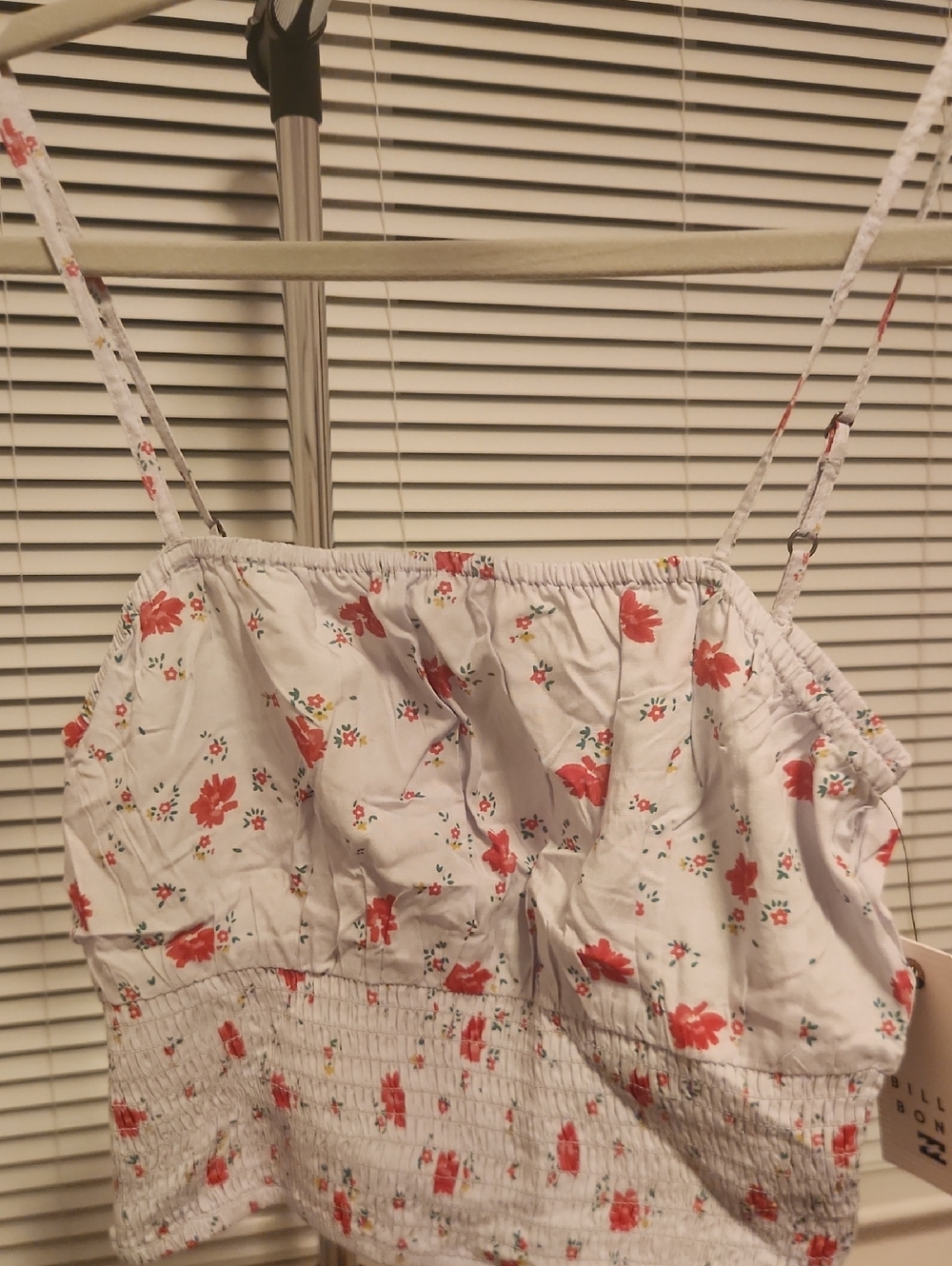 Billabong Light Blue Floral Smocked Crop Top with Red Blossoms